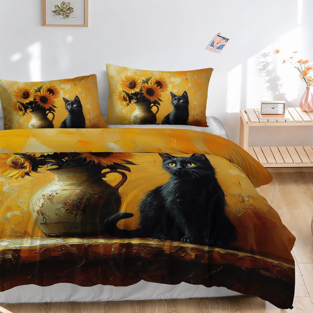 HOSIMA Boys Girls Bedding Set with Black Cat Sunflower Print Duvet Cover and 2 Pillowcases (Black Cat Sunflower S) - ShopVlot