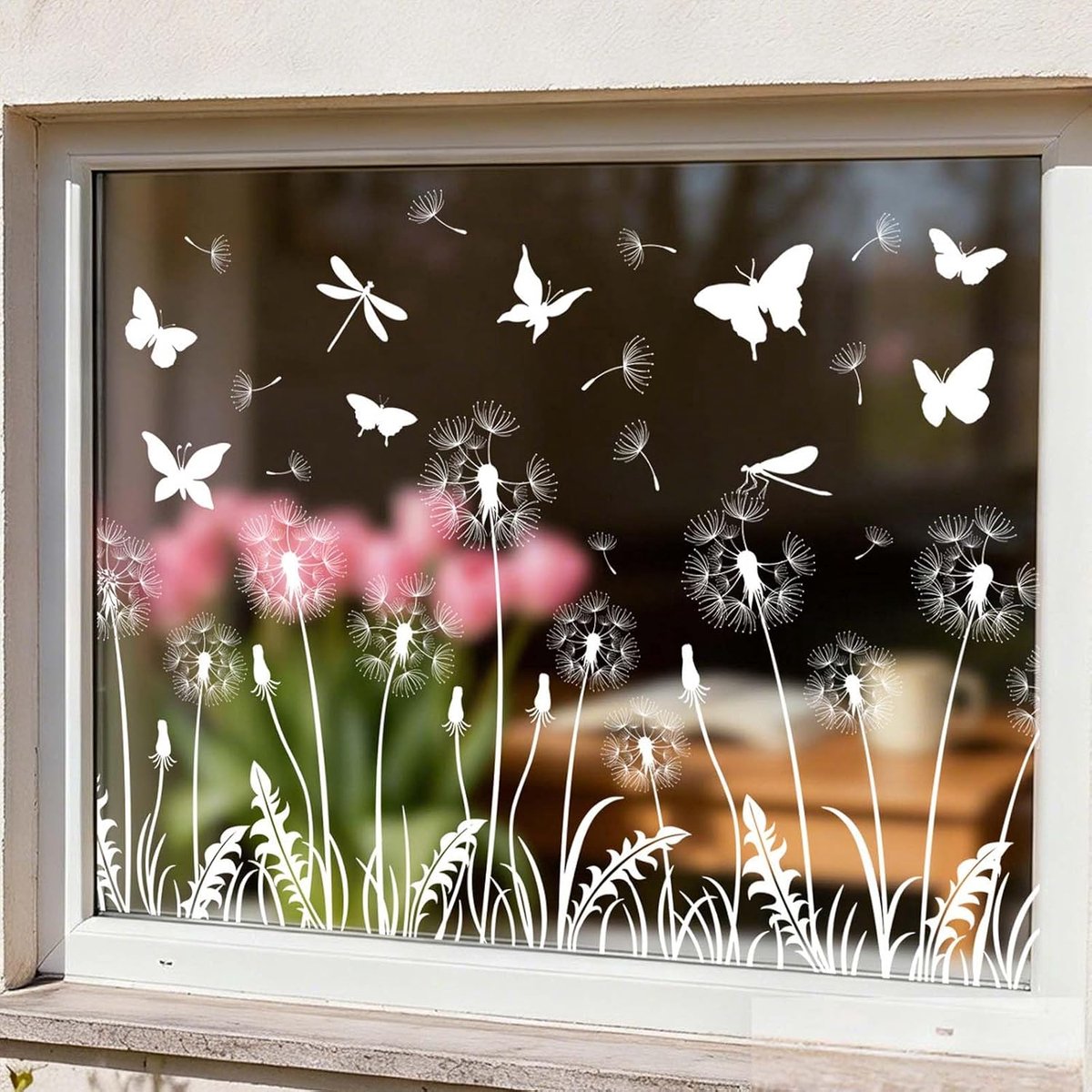 Raamstickers van glas, dubbelzijdige decoratieve folie, paardenbloem en vlinders, zelfklevend, zonder lijm voor ramen - ShopVlot
