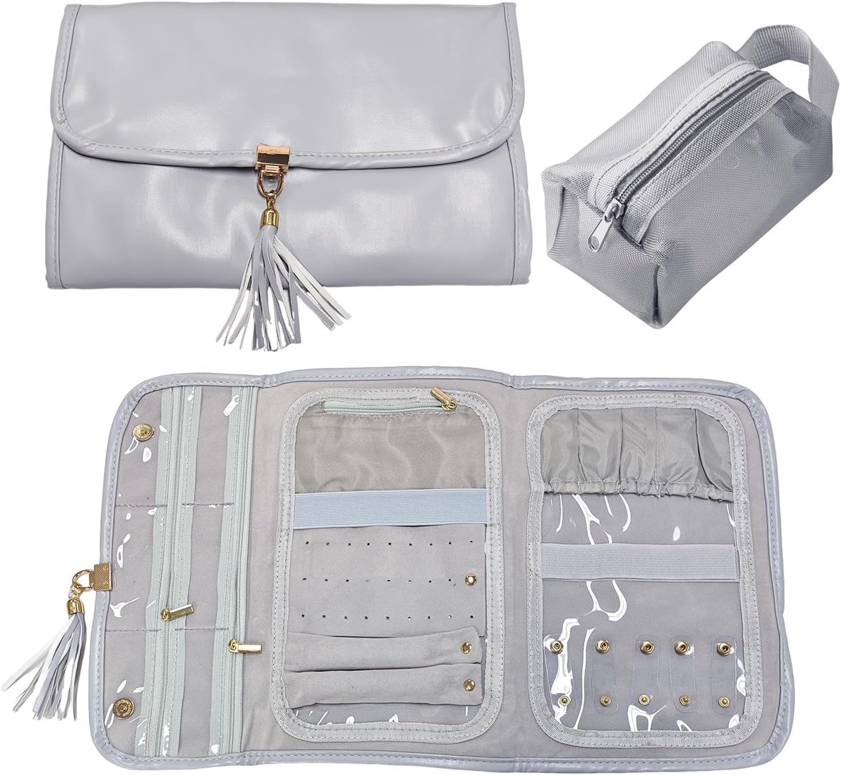 1 x foldable jewellery bag, 1 mesh pocket, jewellery bag, multiple compartments for jewellery, organiser, suitable for - ShopVlot