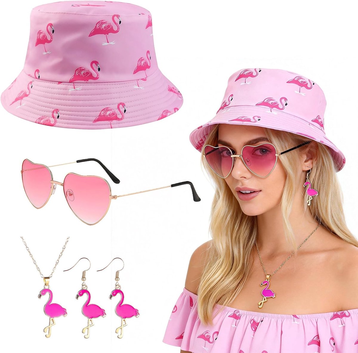 5-Piece Fishing Hat Funny & Malle Accessories Pink Flamingo Hat with Heart Glasses Necklace Earrings Summer Party - ShopVlot