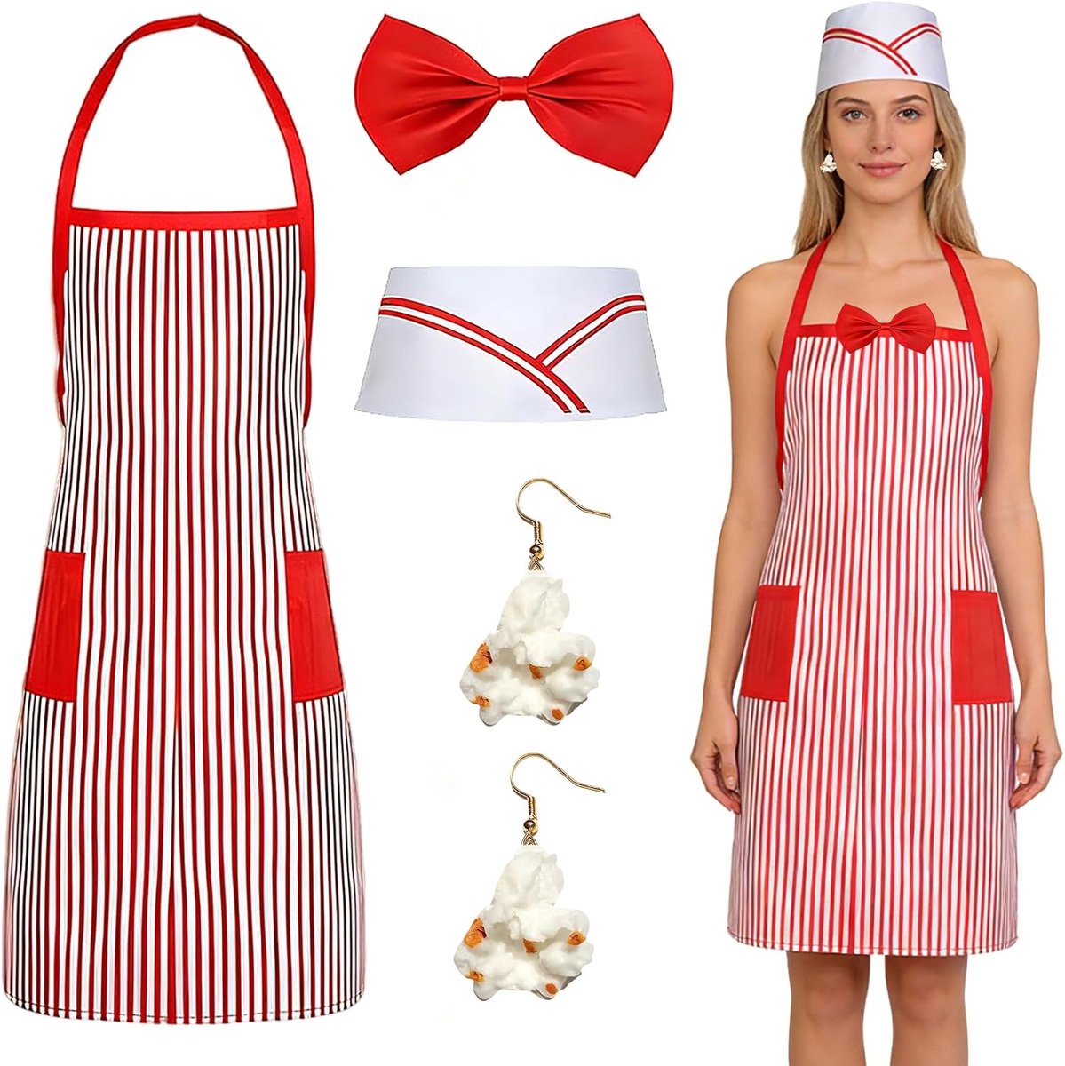 Popcorn Costume Set of 4 Apron, Red White Striped Apron, Cooking Hat and Popcorn Earrings, Popcorn Costume, Popcorn - ShopVlot