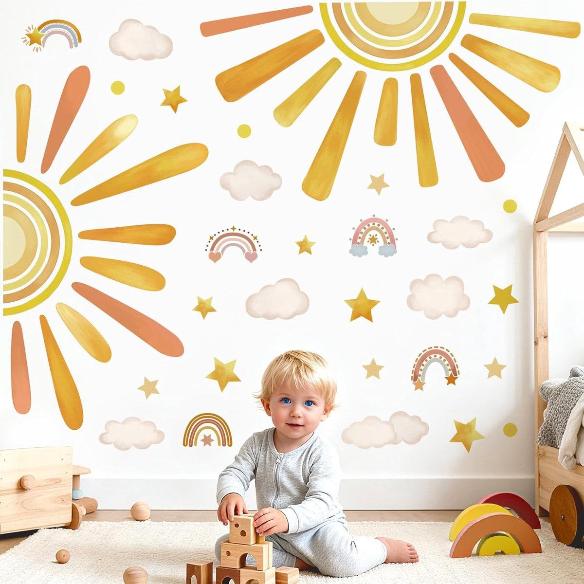 Wandstickers Boho Halve Zon - Regenboog Wolken Sterren - Makkelijk te Plakken - Voor Kinderkamer - ShopVlot