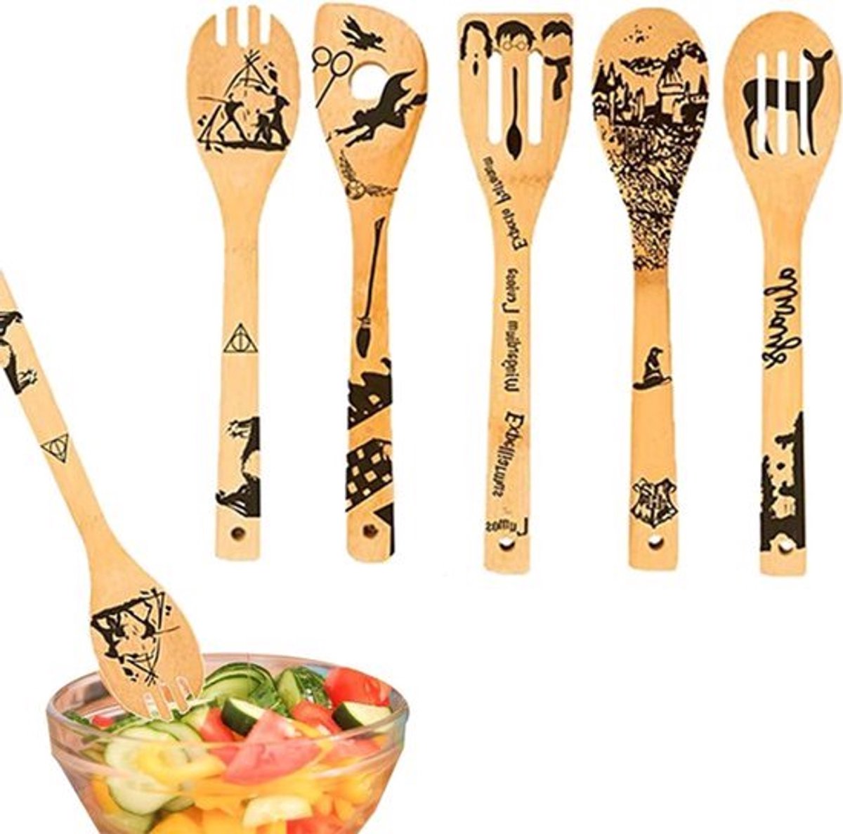 Lepel Set van 5 Bamboe - Geweldig Keukengerei Grappig Kookcadeau voor Housewarming - Keuken Decor