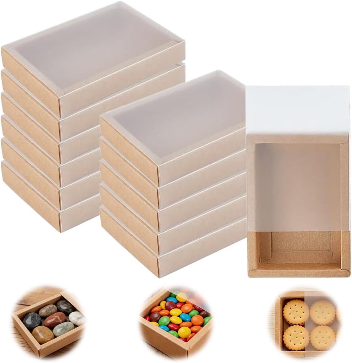 Geschenkdoos met venster, 12 stuks, 13,8 x 9,7 x 2,2 cm, bruin | Rechthoekige kraftpapier ladebox voor bruiloftsgeschenken, sieradenverpakking en cadeauverpakking