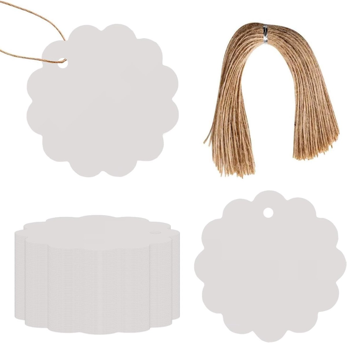 Cadeaulabels 100 Stuks - Witte Kraft Bloemvormig 6x6cm - Met Geel Jute Touw - Perfect voor Cadeauverpakking - ShopVlot