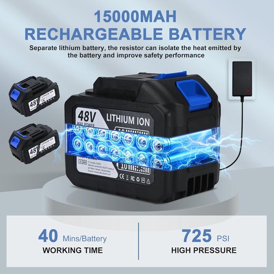Draadloze hogedrukreiniger 725 PSI - 2 accu's - 10 m slang - ideaal voor auto- en tuinreiniging - ShopVlot — afbeelding 2