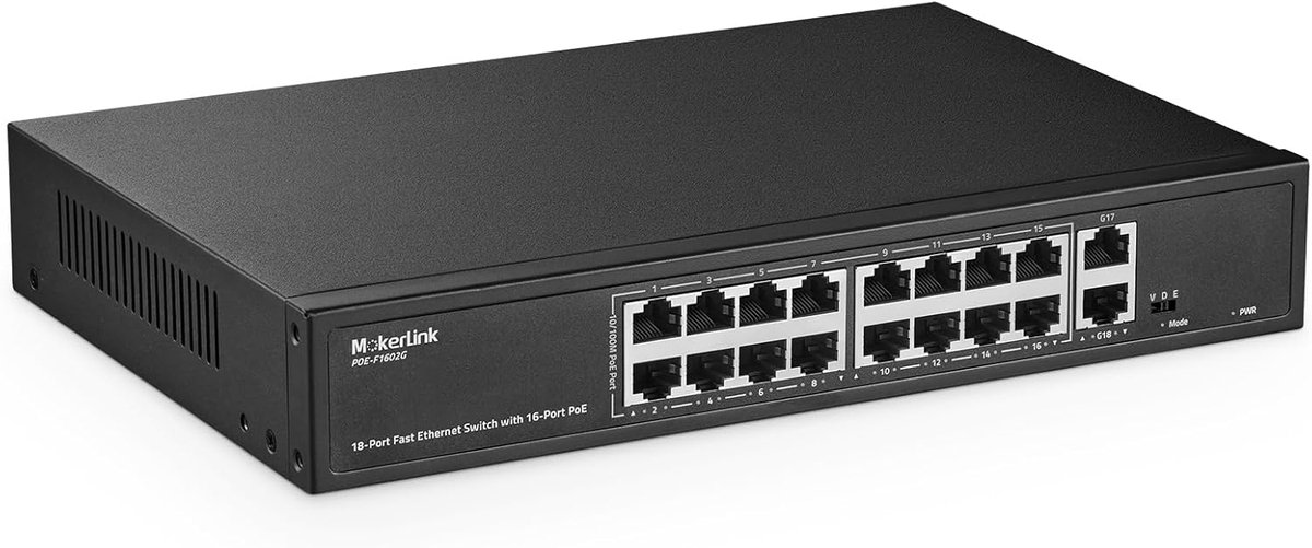 MokerLink PoE Switch 16 ports, 2 Gigabit uplinks, 200W IEEE802.3af/at, VLAN and expansion, plug and play Ethernet - ShopVlot