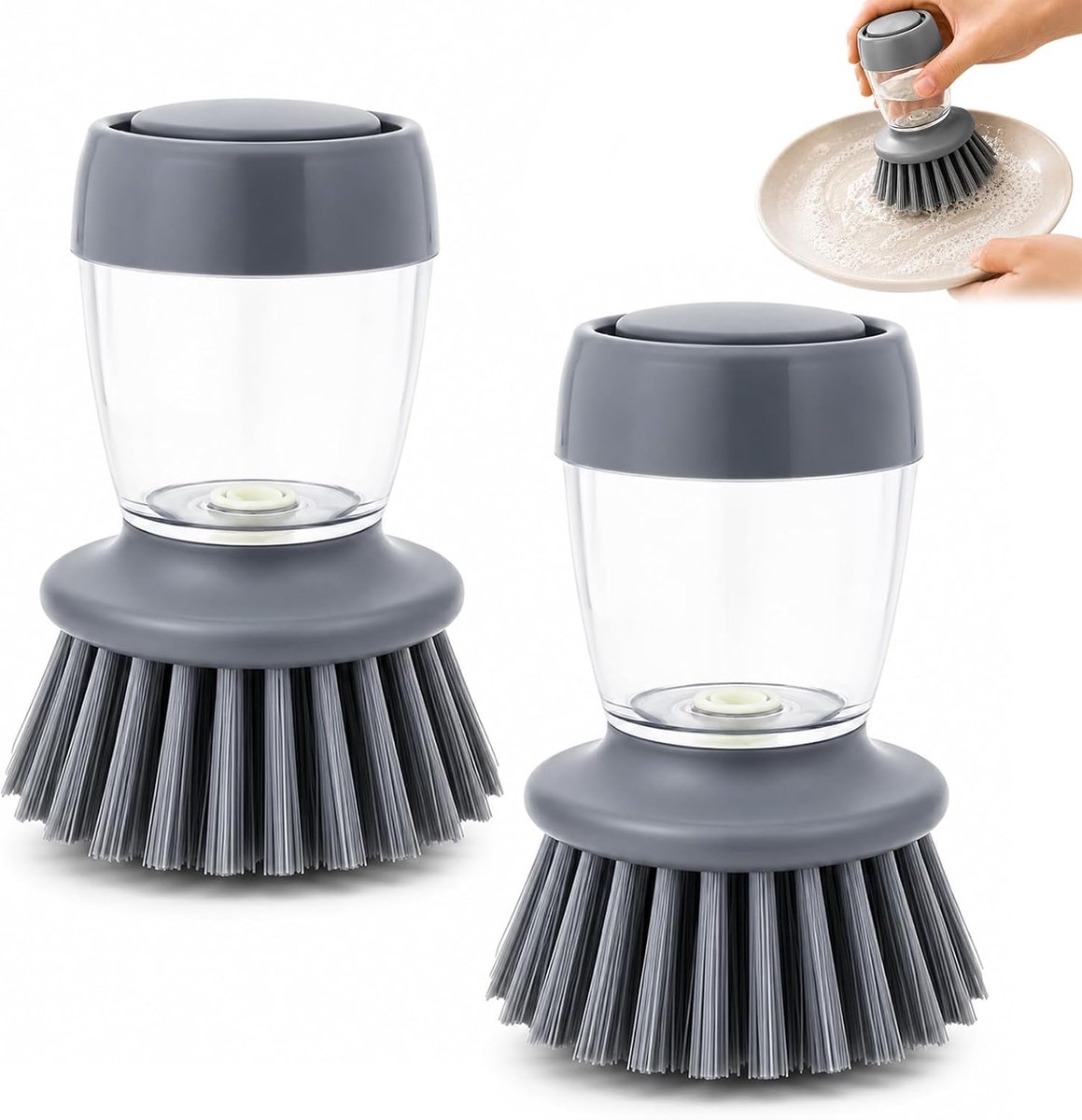 Set van 2 zeepdispenser en handborstelset, afwasborstel met afwasmiddeldispenser, afwasborstel met zeepdispenser, voor - ShopVlot