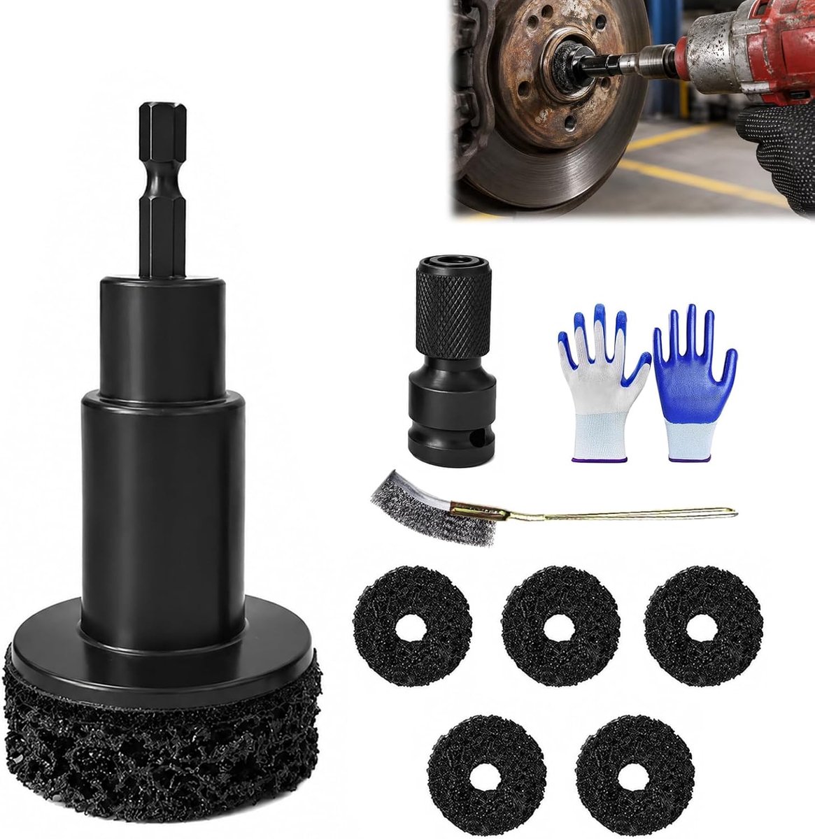 Wielbouten en wielnaafslijper, wielnaafreiniger met 5 slijpschijven, 1/2 inch slagmoeradapter en borstel - ShopVlot
