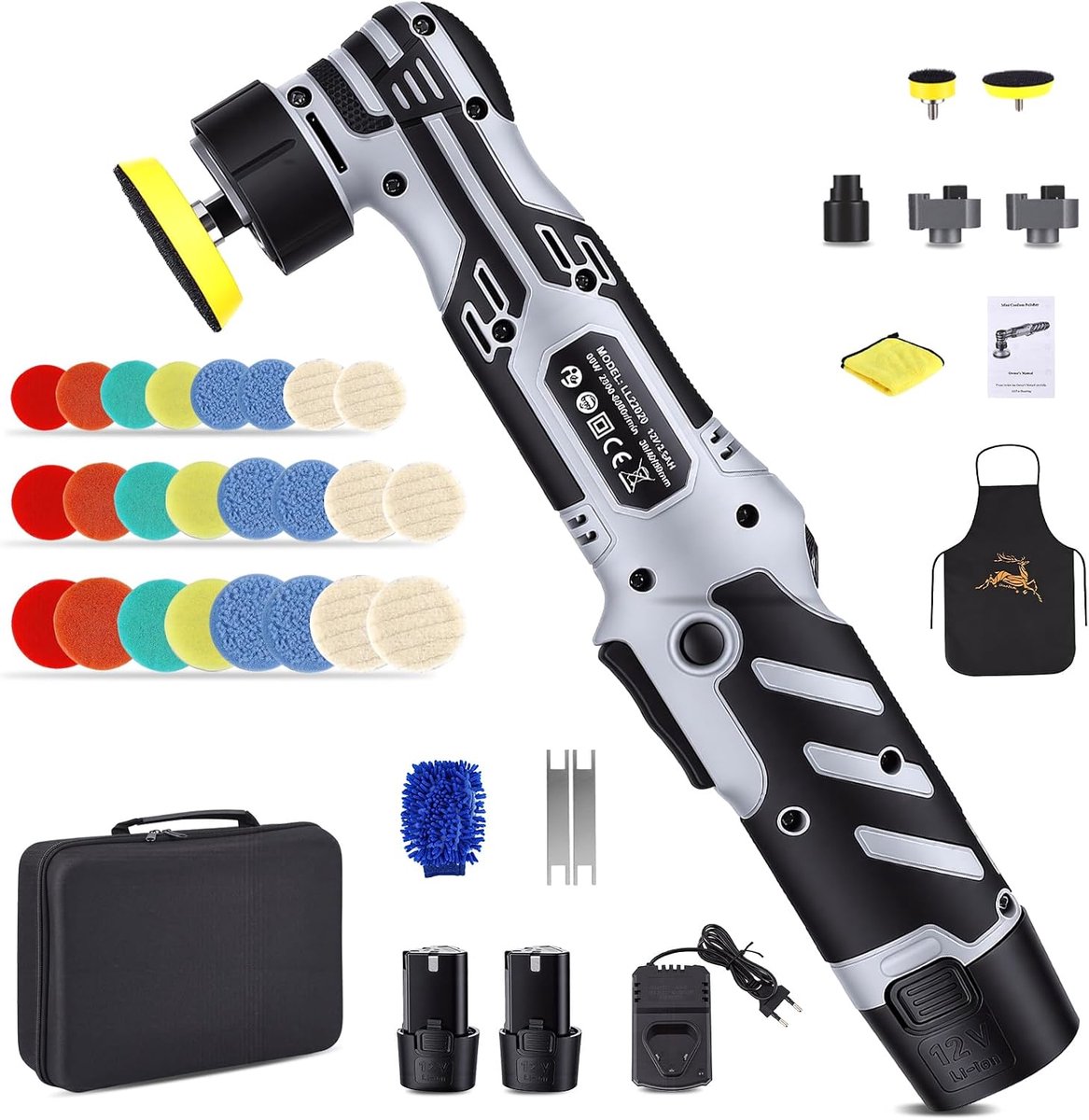 Cordless Polisher, 6 Speeds 2500–6500RPM, 0.4mm Eccentric & Rotation Mode, 2x 12V Battery, Car Polisher for Polishing - ShopVlot