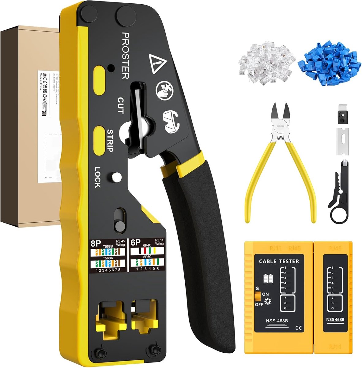 Proster RJ45 Pass Through Crimp Tool - 3 in 1 Cat6 Crimping Pliers Kit for 8P CAT5/5e Cat6/6a & 6P RJ11 RJ12 with - ShopVlot