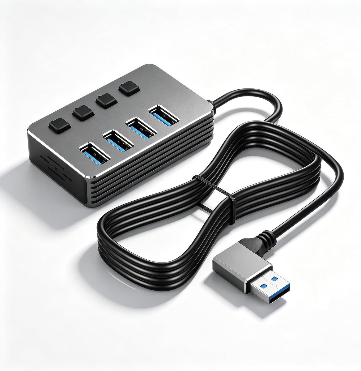 CERRXIAN USB-hub met 4 poorten van aluminium, rechte hoek van 90 graden, met 1,5 m lange kabel, USB 3.0 high-speed - ShopVlot