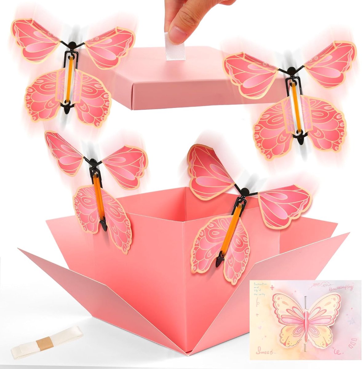 Vliegende vlinders, explosiebox, doe-het-zelf, verrassingsdoos met wenskaart, 15 x 14,8 x 12,5 cm, verrassingsbox - ShopVlot