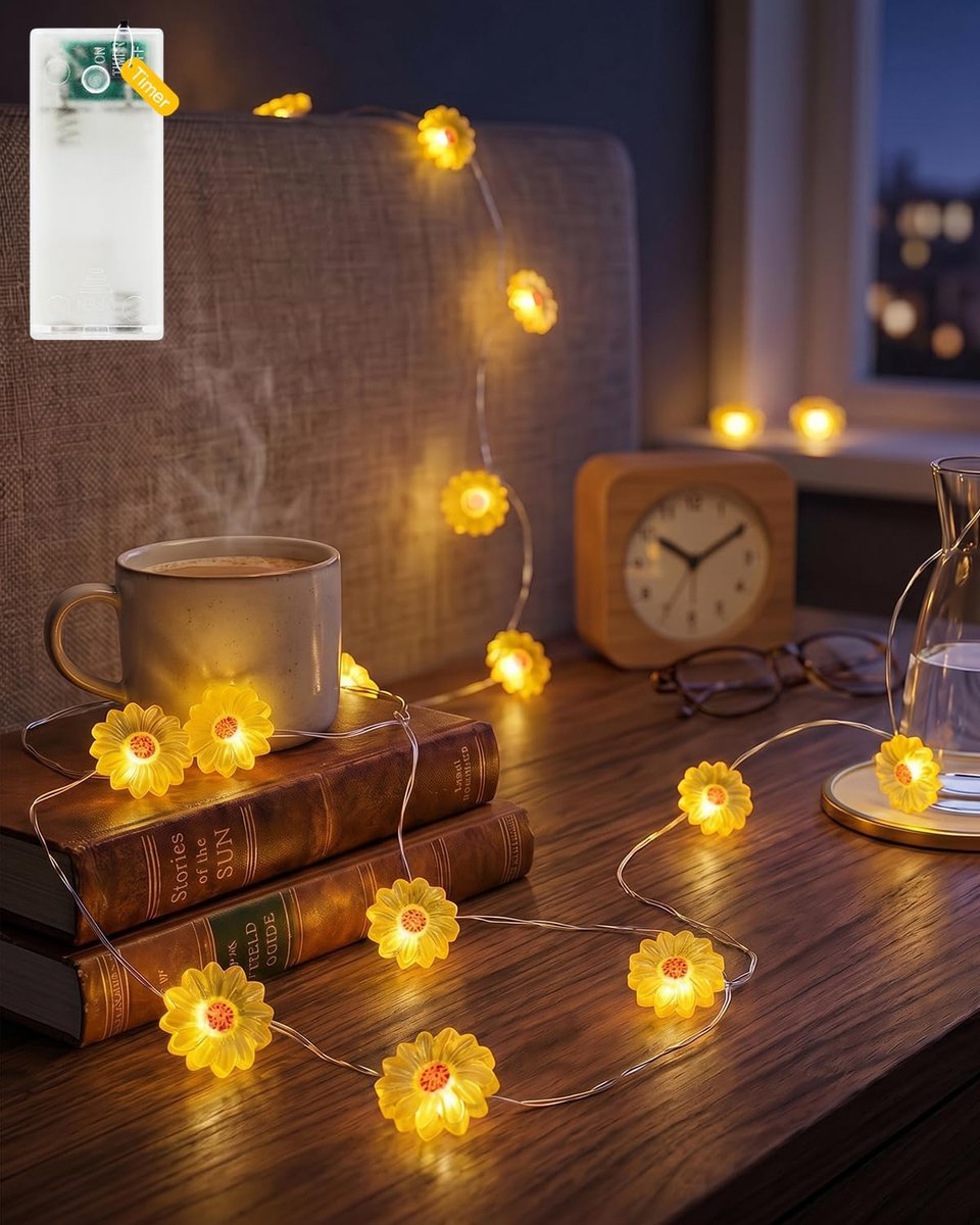 Led-lichtsnoer bloemen, 20 leds, 2 m, warmwit, werkt op batterijen met timer, zonnebloem, voor tuin, terras, balkon - ShopVlot