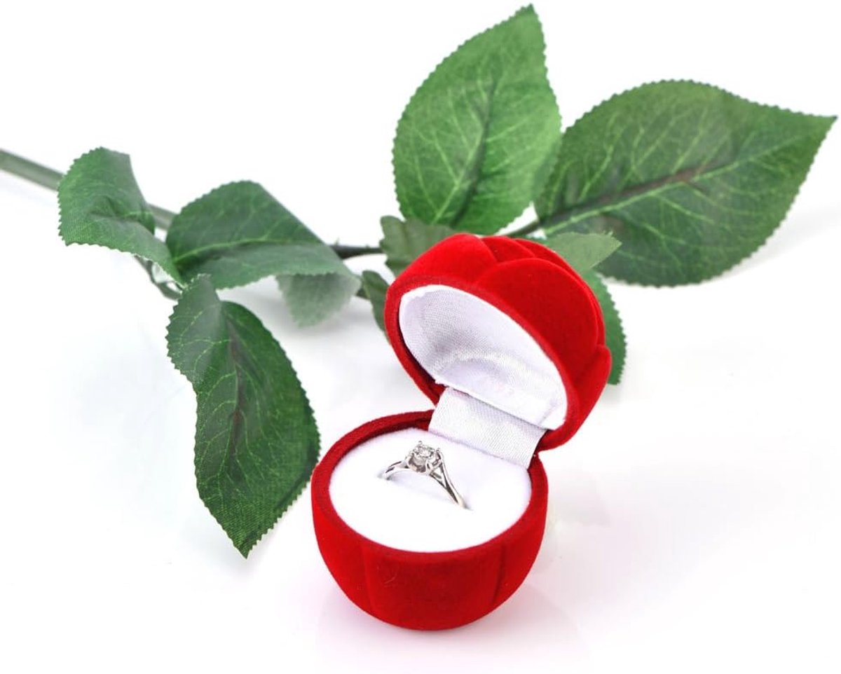 Ring Box Rose Shape Red Flower Pattern Total Length 27cm Jewelry Storage Box Wedding Proposal Earring Holder Container - ShopVlot