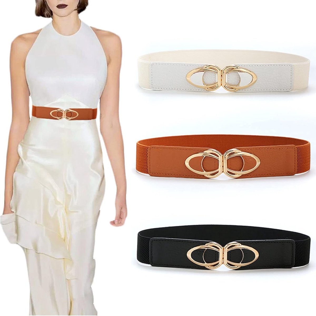 3 Pieces Women's Elastic Belts Wide Waist Belt with Vintage Metal Buckle for Dresses Evening Wear Black '2cm', Black - ShopVlot