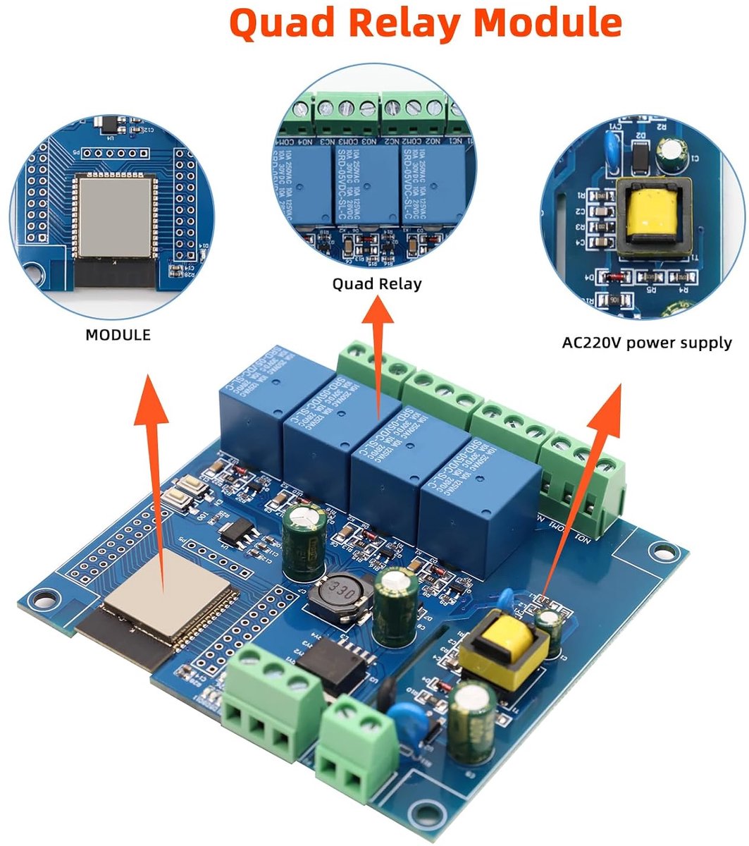 4 Kanaals relaismodule 220V/DC 5-30V - met ESP-32E WiFi Bluetooth - ideaal voor DIY projecten - ShopVlot