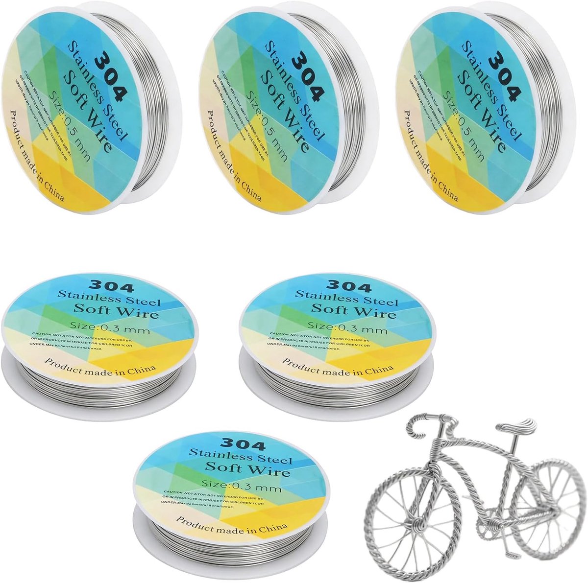 Basteldraad set 6 rollen - 304 roestvrij staal 0.5mm en 0.3mm - gepolijst en roestbestendig - ShopVlot
