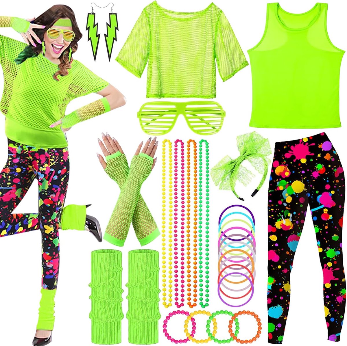 Dames Neon Kledingset 26-delig - Fluorescente Mesh Shirt - Hoofdband, Oorbellen, Ketting en Handschoenen - ShopVlot