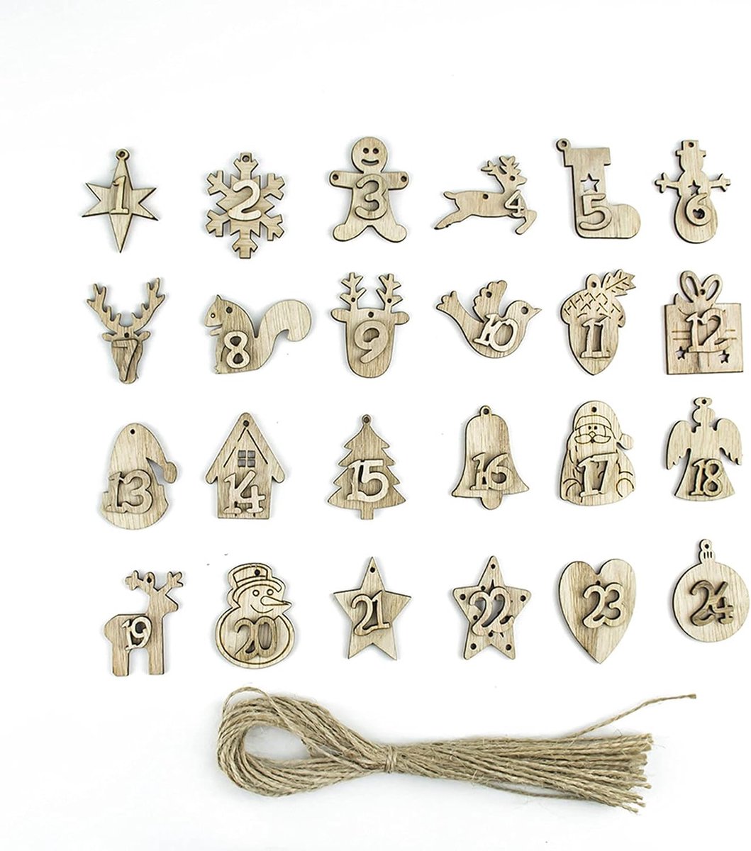 Adventskalender Figuren 24 Stuks - Houten Kerst Advent Kalender - Nummer Pendant - Kerst Countdown Kalender - ShopVlot