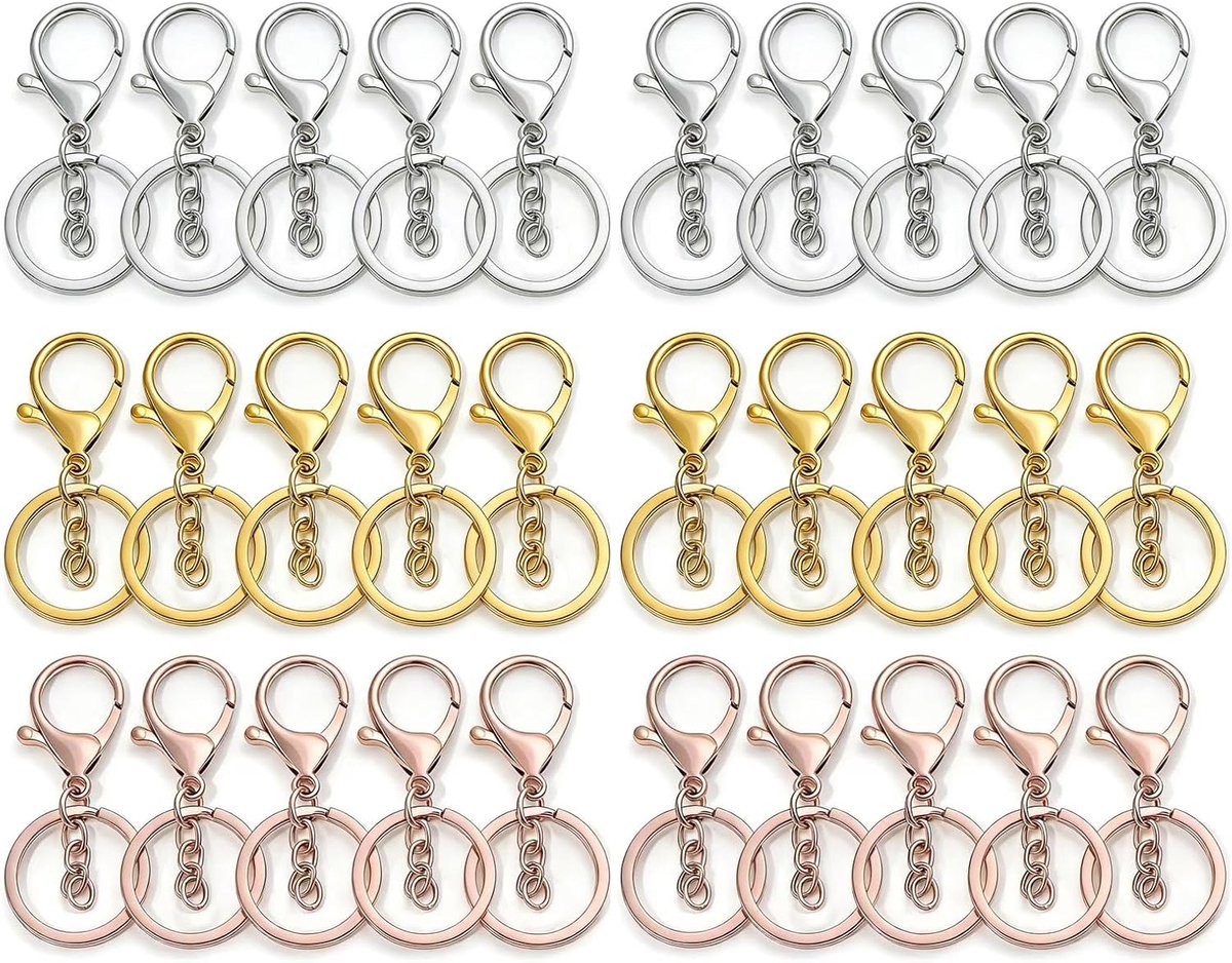 Set van 30 sleutelhangers - carabiner met ring - zilver, goud, roségoud - ideaal voor DIY projecten - ShopVlot