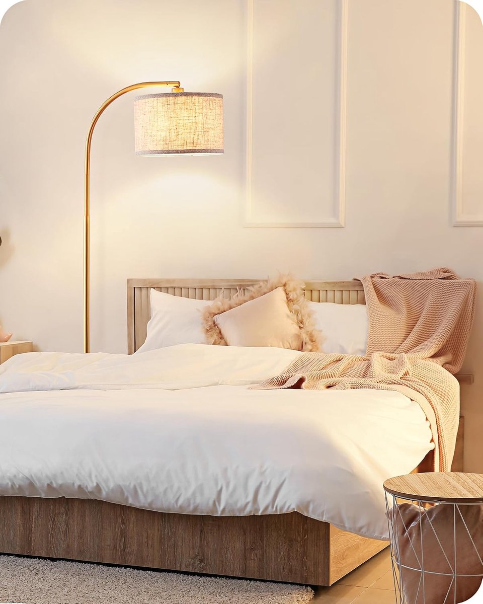 Vloerlamp Booglamp – Verstelbare Lampenkap – Beige Linnen Kap – E27 LED Inclusief – Goud