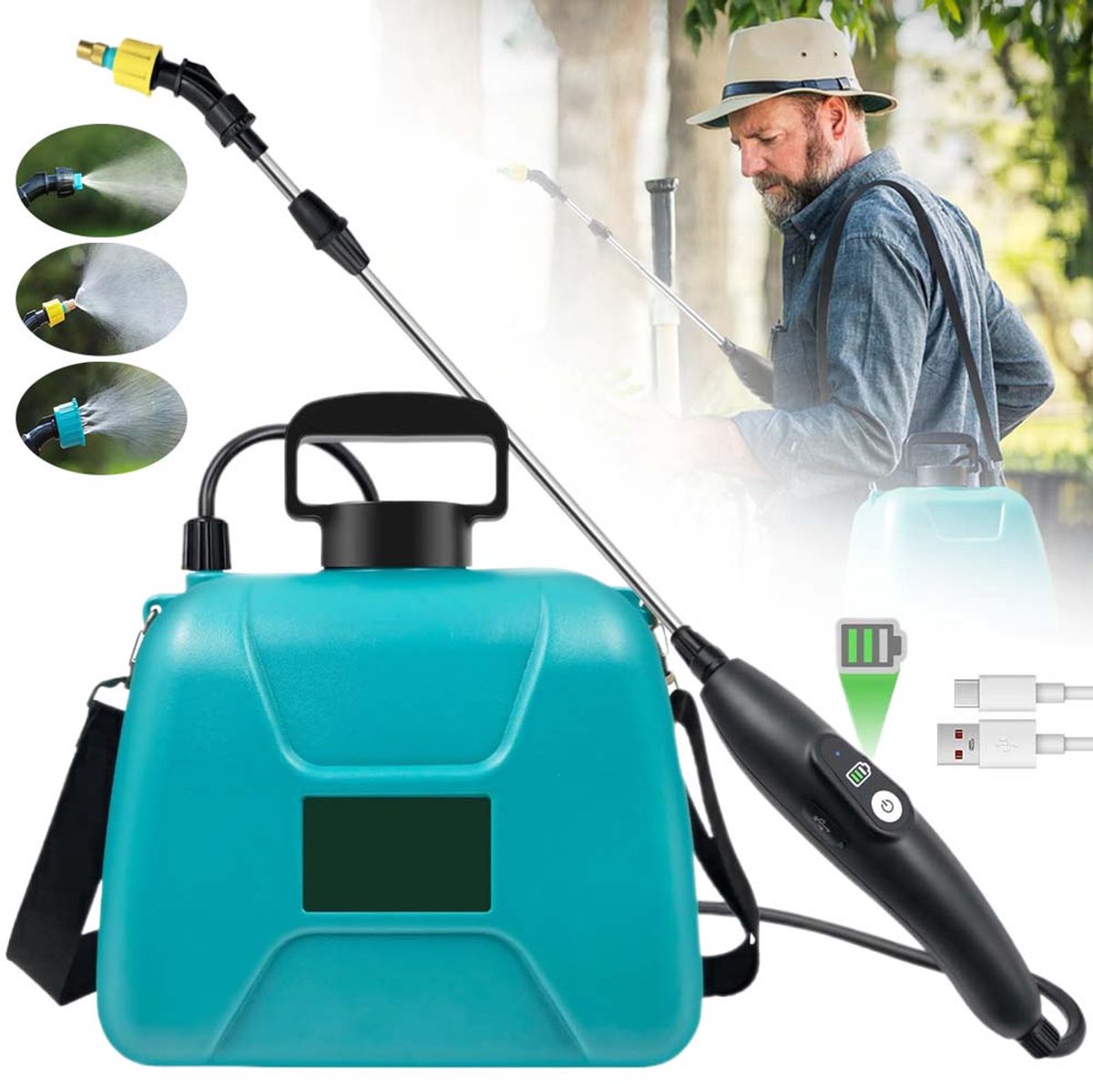 Accu Sproeier - 8L Rugspuit - Tuinsproeier - Plantenspuit - 2200mAh - 3 Sproeiers - Telescopische Sproeiboom - 60 cm - Gifspuit - Voor Tuin Planten en Bloemen - Draagbare