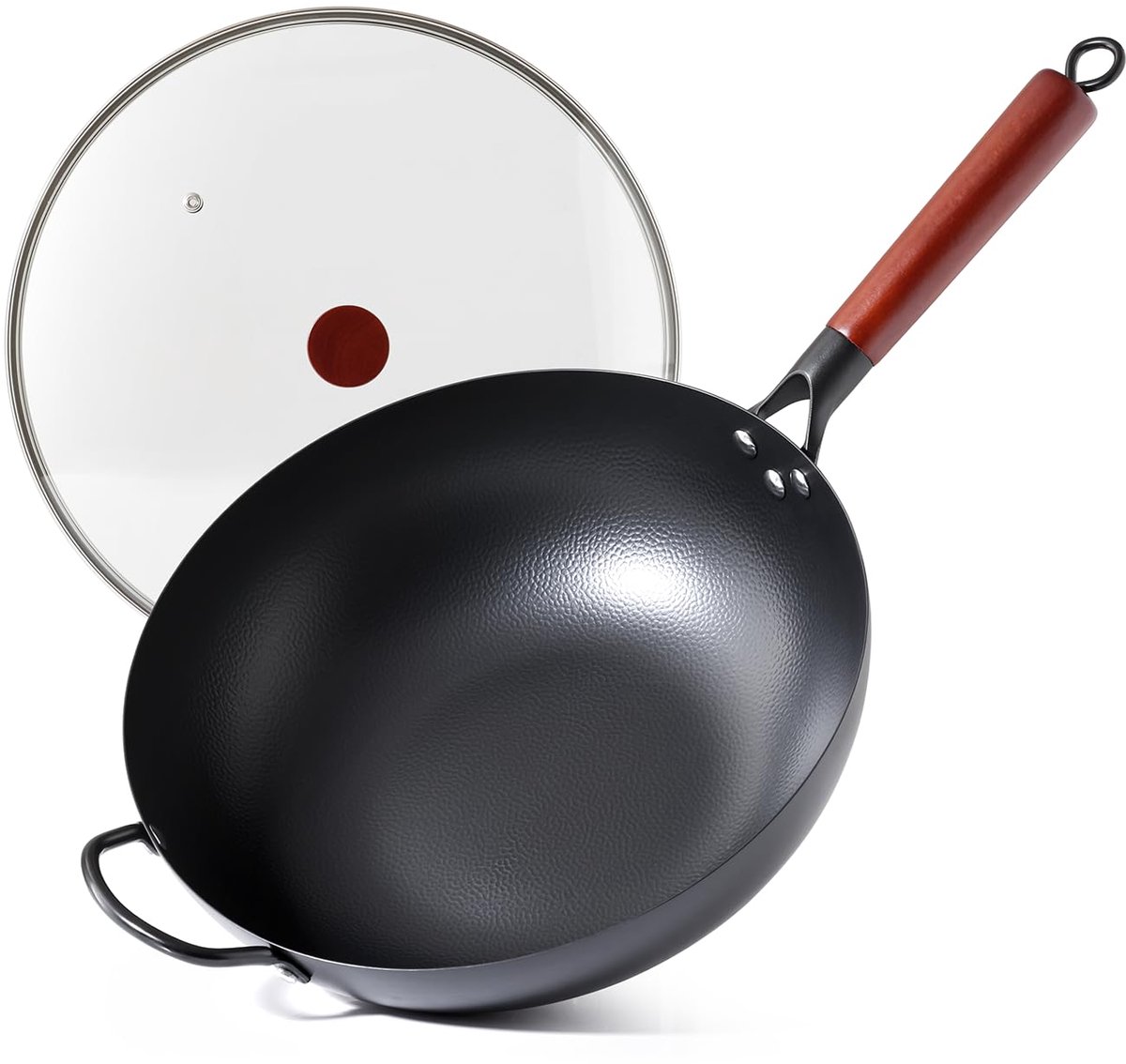 Carbonstalen Wokpan 32 cm met Deksel - Platte Bodem Roerbakpan voor Aziatische Keuken - Grote Wok met Natuurlijke Antiaanbaklaag door Patina - Geschikt voor Inductie, Gas, Elektrisch en Keramische Kookplaten - Ruime Capaciteit voor 3-6 Personen