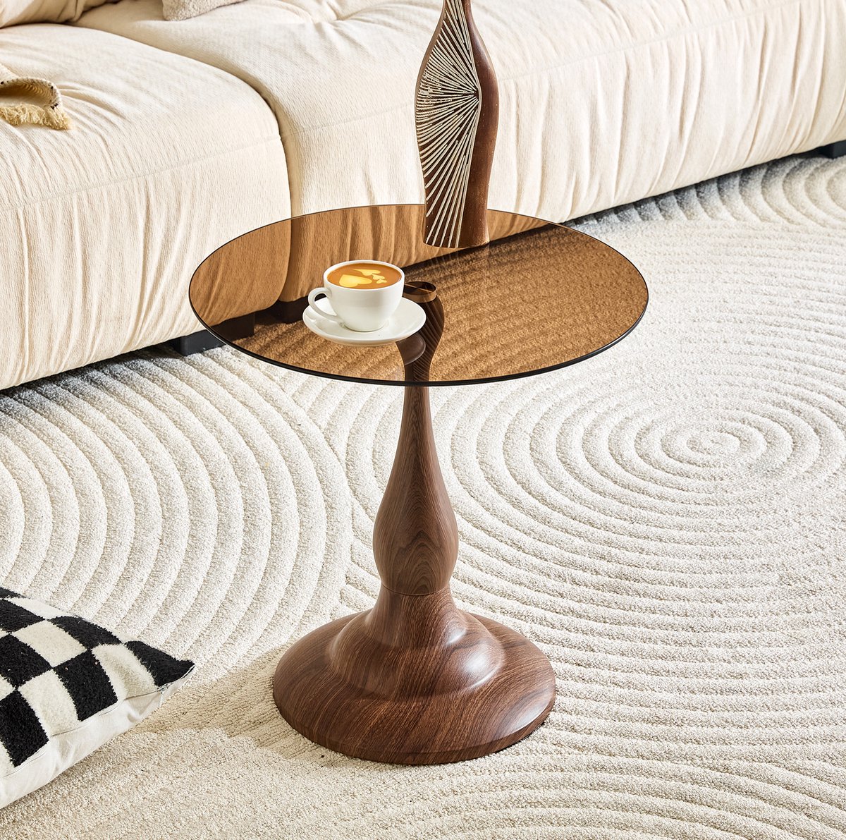 COVREO Bijzettafel 50 cm bruin, glas met stabiele ronde voet, modern Brown