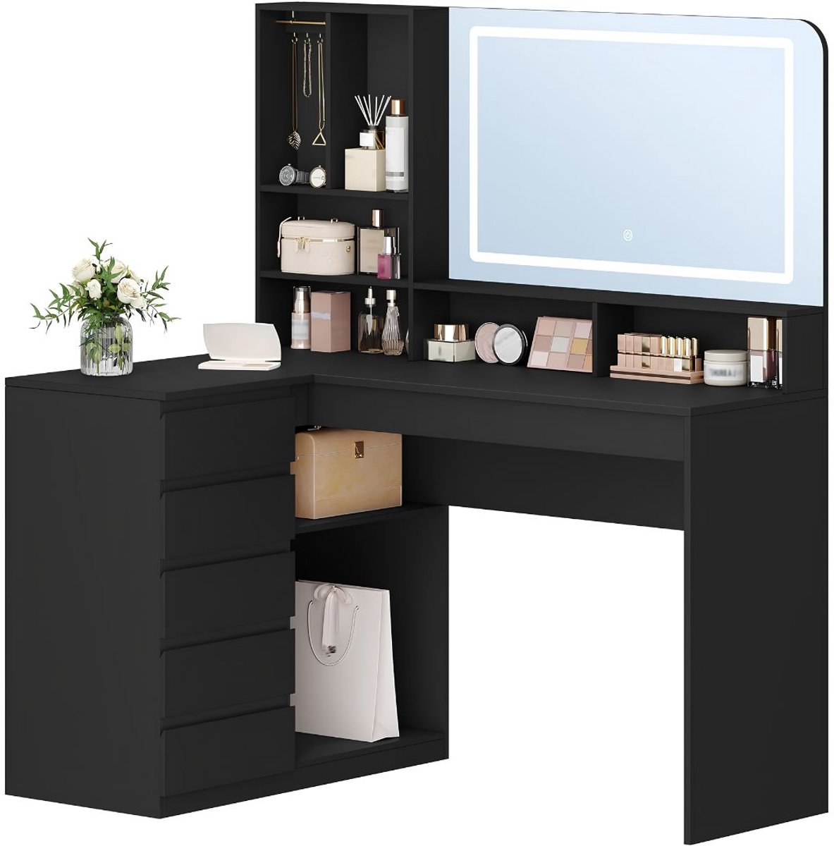 NIVA® Kaptafel - Kaptafel met Spiegel en 5 LED Lampen – Make-up Tafel - Zwart - 40cm x 120cm x 140cm
