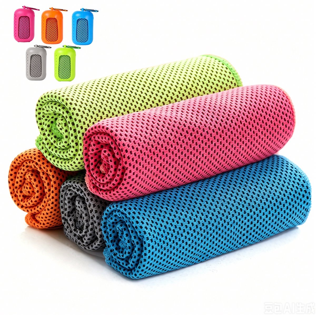 Casalora 5 Pack Koelhanddoeken met Bus - Koelhanddoeken voor Nek en Gezicht - Microfiber Sport Handdoek - Zweetabsorberende IJsdoek - Lichtblauw + Fluorescerend Groen + Grijs + Oudroze + Oranje