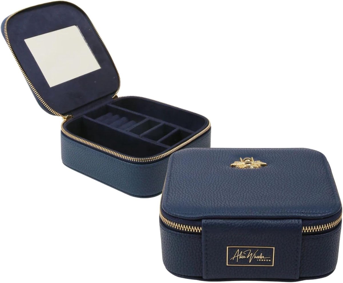 Sieradenbox organiser - 14 x 14 x 6 cm - marineblauw - luxe interieur - perfect voor reizen - ShopVlot