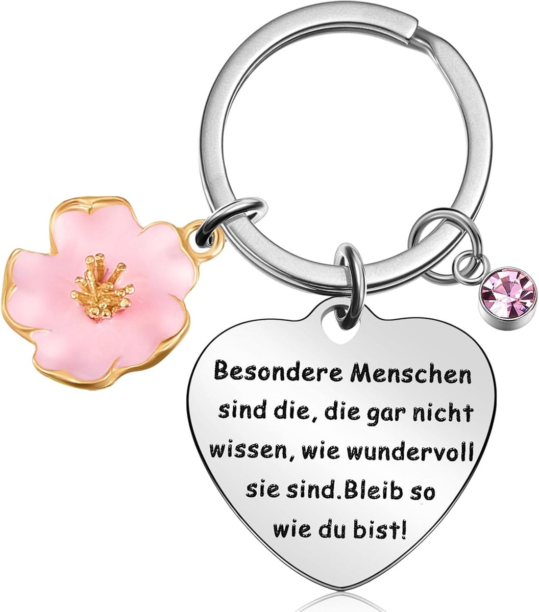 Sleutelhanger inspirerend - roestvrij staal - met roze diamant en bloem - perfect cadeau voor speciale mensen - ShopVlot