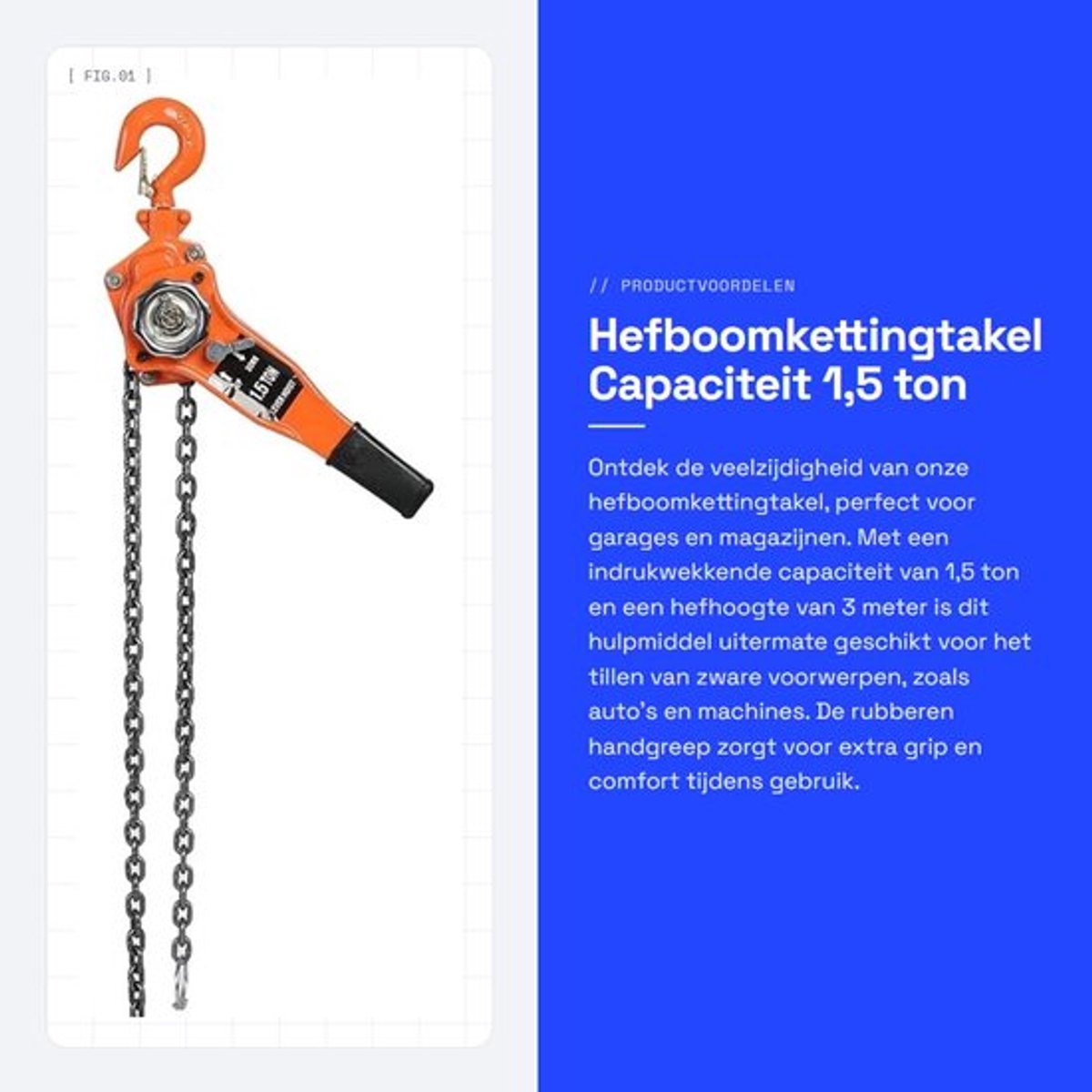 Hefboomkettingtakel 1,5 ton - Hefhoogte 3 meter - Rubber handgreep - Geschikt voor garages - Magazijnen - Auto's - Takel