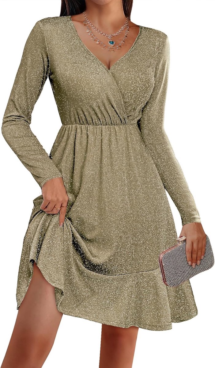 Cocktailjurk L - Glanzend V-hals - Knielang - Perfect voor feestjes - ShopVlot
