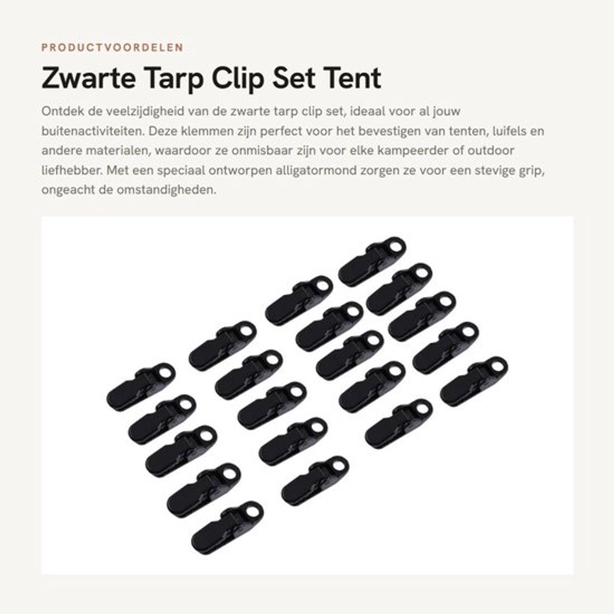 Tarp Clips Set van 20 - Zwarte Zeilklemmen - Kunststof Antislip - Lichtgewicht en Duurzaam - Voor Buitenactiviteiten - Stabiliteit en Draagkracht - Tentklemmen