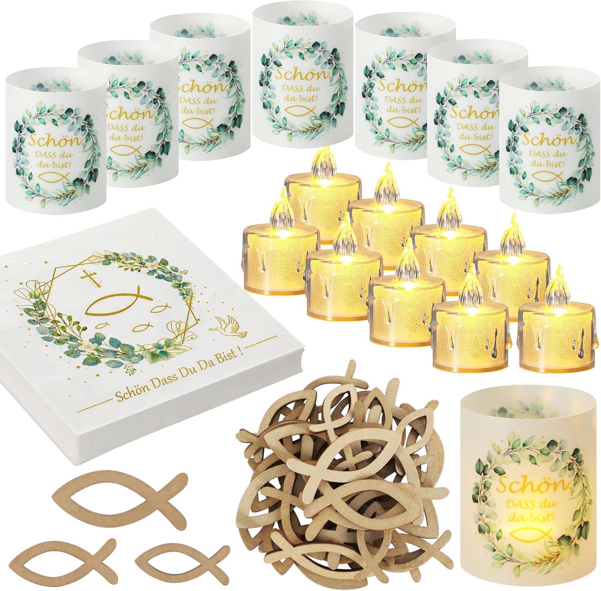 Tafeldecoratie vormsel set - 12 windlichten - met led-kaarsen en houten vissen - voor een feestelijke tafel - ShopVlot
