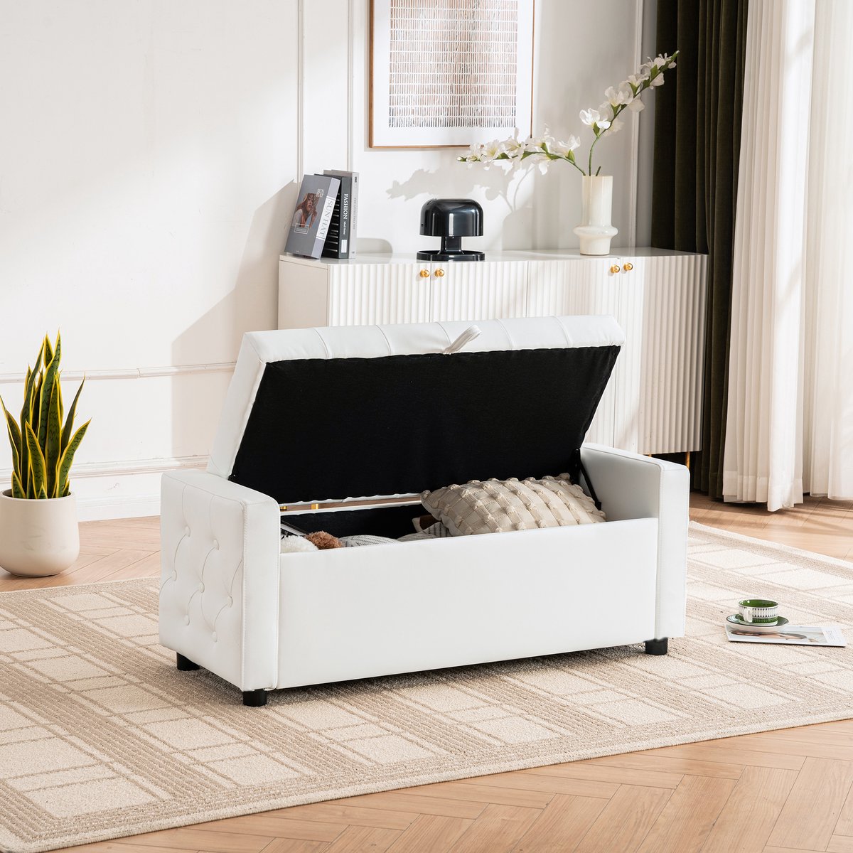 Opbergbank 122x45x47 cm - Gestoffeerde Bank Met Verborgen Opbergruimte En Voetenbank PU Leder Wit