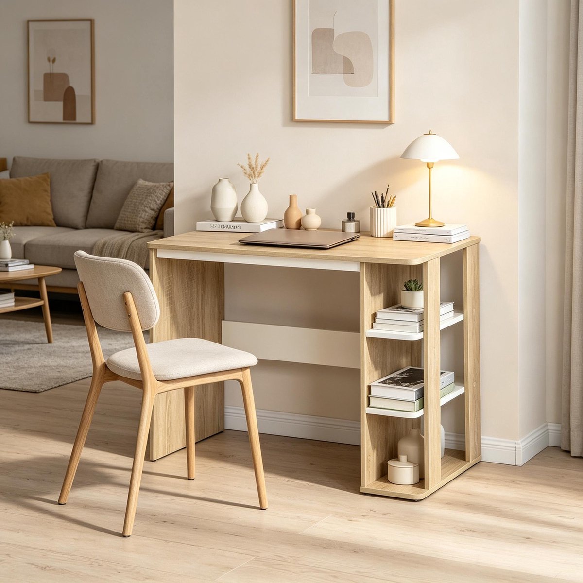 Bureau 100x44x74 cm - Inklapbaar Bureau Met 3 Legplanken En Opbergruimte Wit Licht Eiken