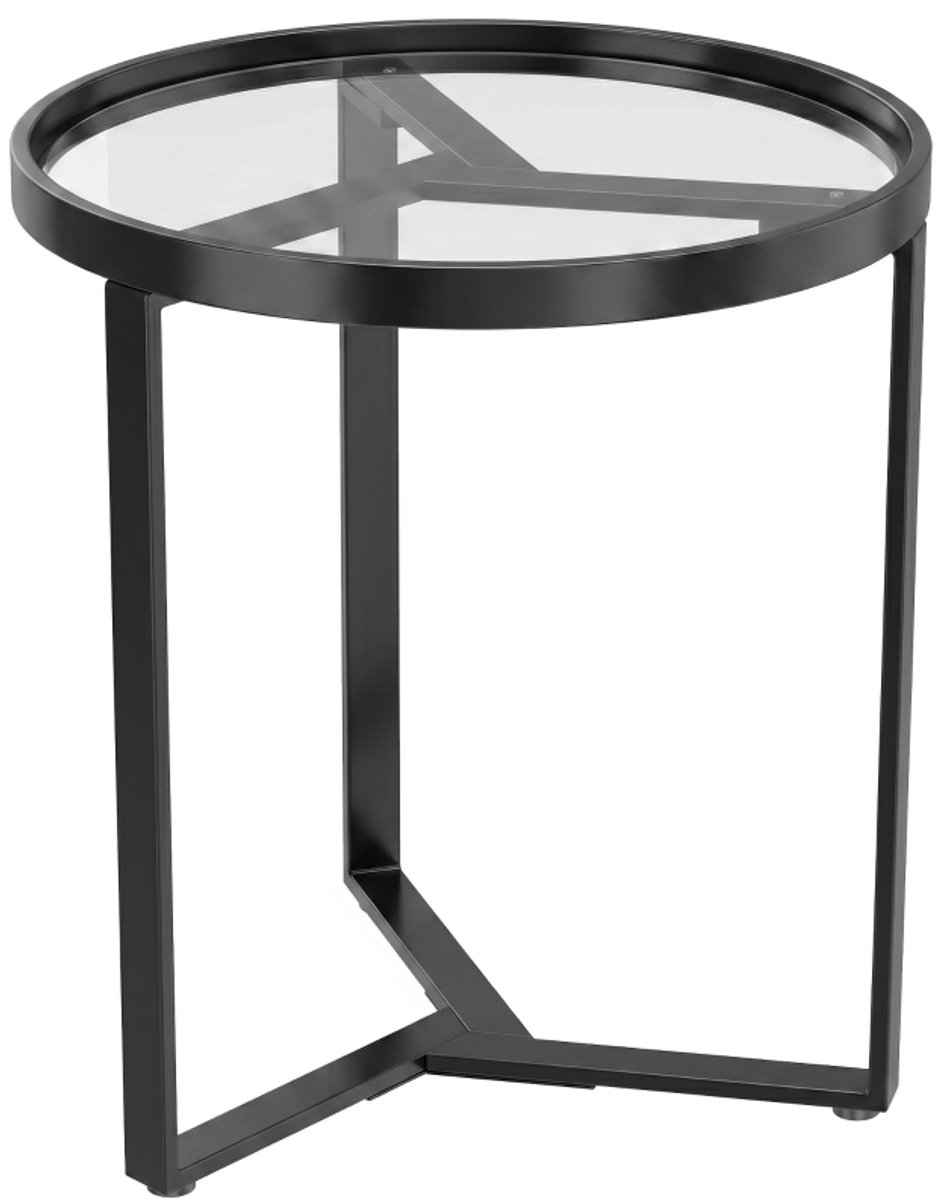 Runder Bijzettafel 45 cm - Met Geharde Glazen Tafelblad En Geometrisch Metalen Frame Zwart
