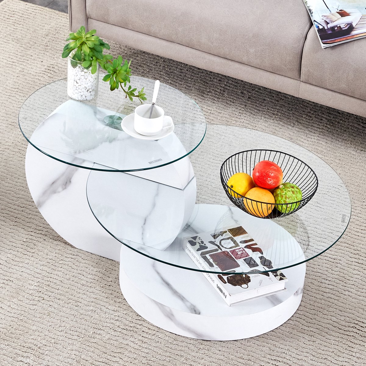 Salontafel 90x70x44 cm - Twee Laags Design Met Veiligheidsglas En Marmerlook Wit