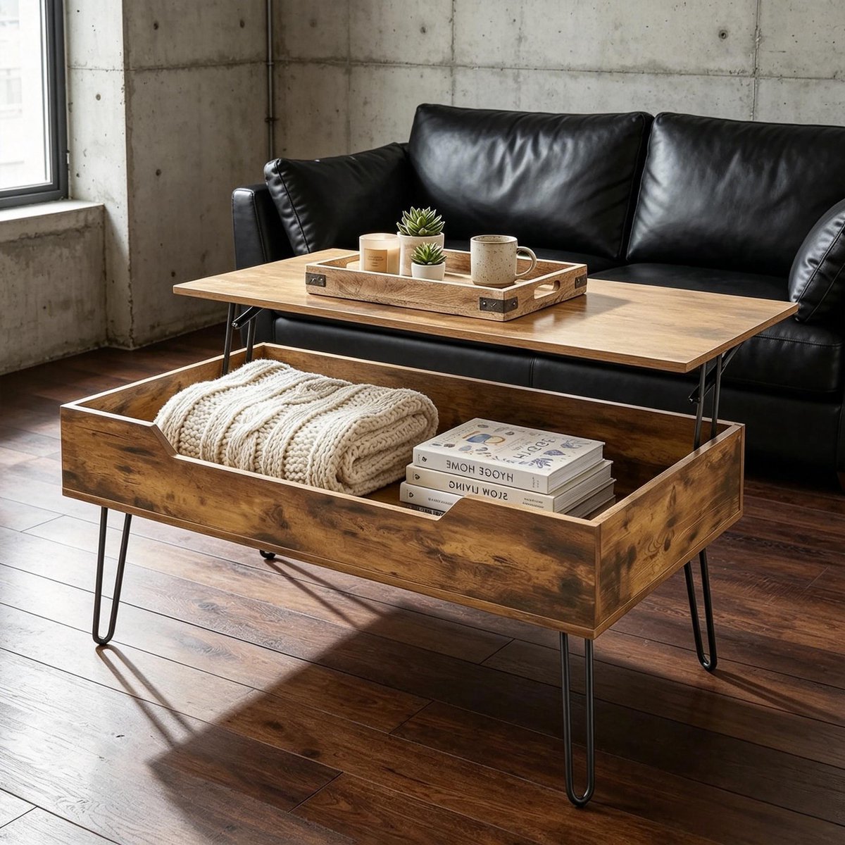 Rechthoekige Salontafel 95x50 cm - Hoogteverstelbare Tafel Met Verborgen Opbergruimte - MDF Metaal Walnoot