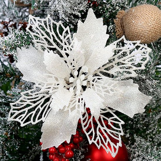 Kerstbloemen 10 stuks - Kunststof Glitter - Wit - Perfect voor kerstdecoratie - ShopVlot