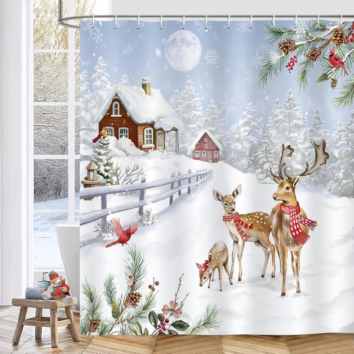 Douchegordijn met herten en kardinalen - winterlandschap 180 x 180 cm - waterdicht polyester - ShopVlot