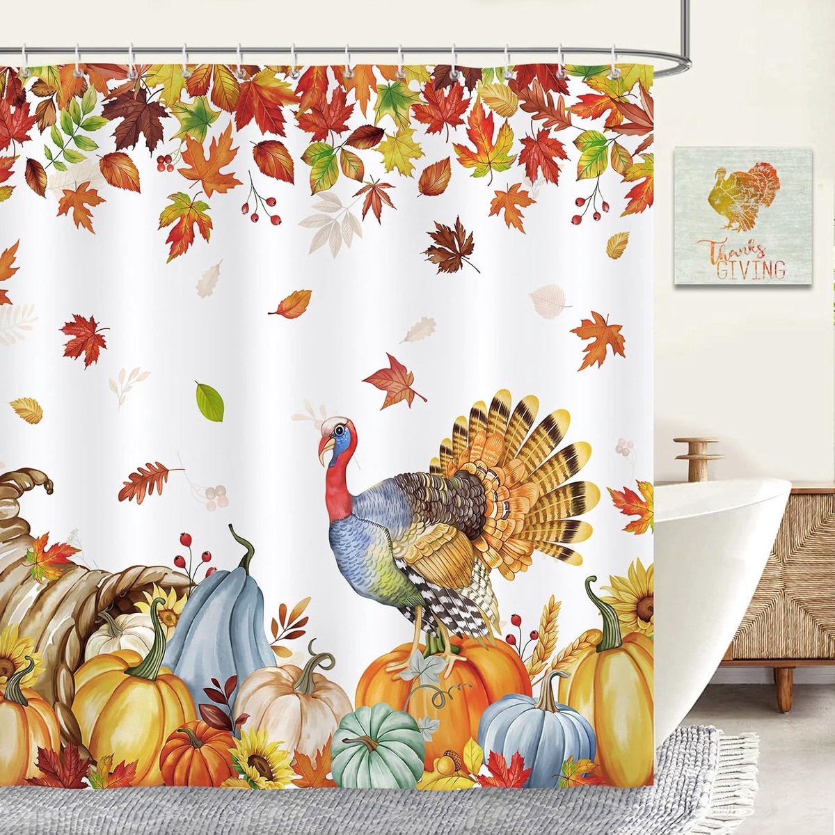 Douchegordijn herfst kalkoen pompoen 180x180cm - polyester - waterdicht en schimmelbestendig - ShopVlot