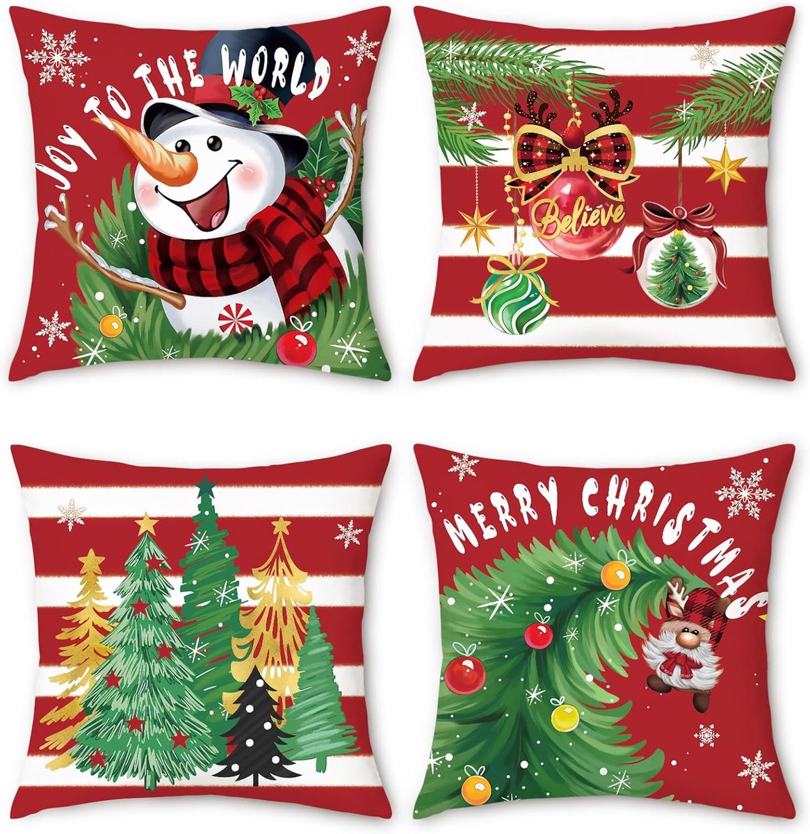 Kussenhoezen 45 x 45 cm - Velours - Kerstman en Kerstbomen - Sfeervolle winterdecoratie set van 4 - ShopVlot