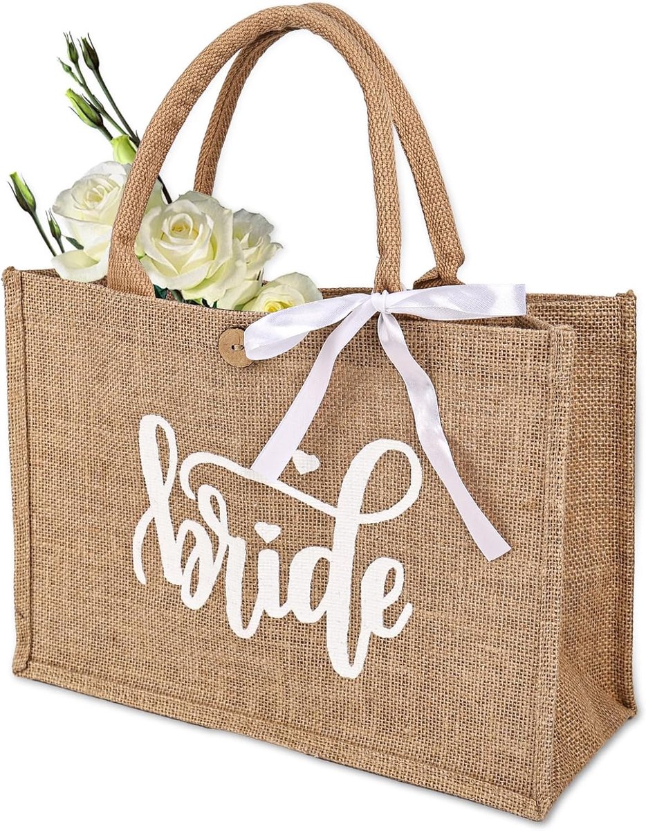 Jute tas Bride - met witte strik - geprint voor bruiloften - ideaal voor de bruid - ShopVlot