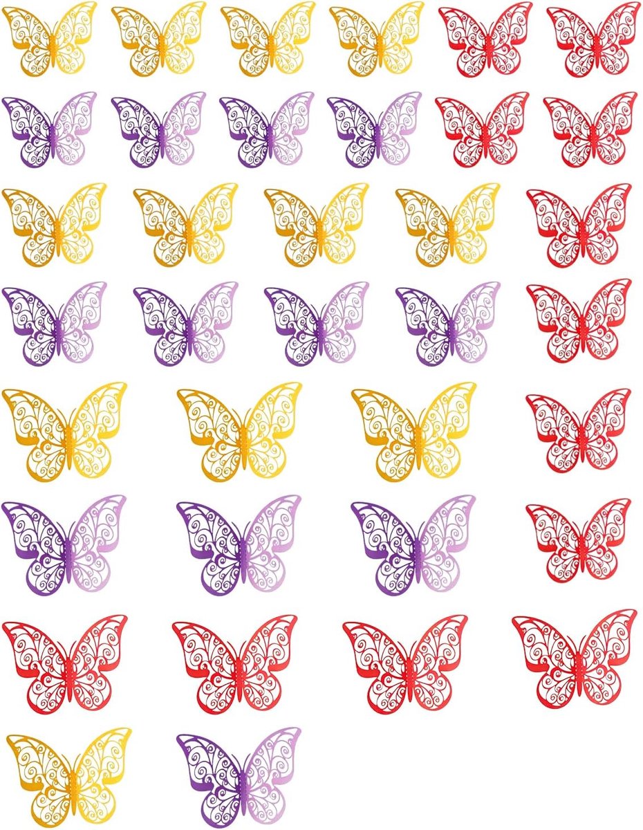3D-papieren vlinders 36 stuks - rood, geel, blauw - realistische wanddecoratie - perfect voor kinderkamer - ShopVlot