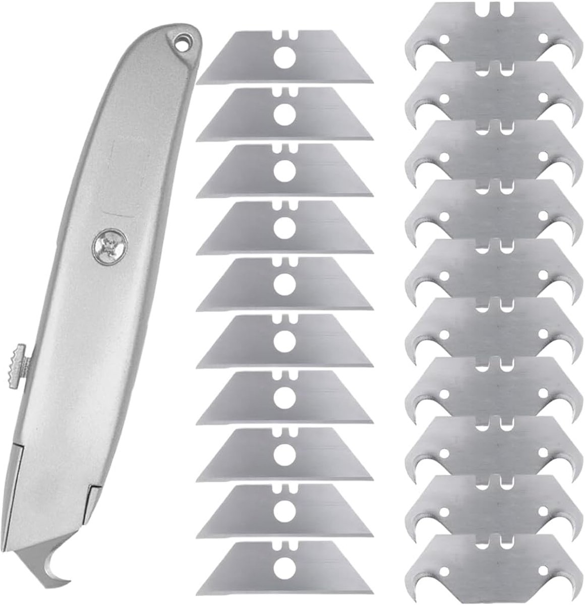 Tapijtmessen set - robuust cuttermes - 10 trapezium- en 10 haakmessen - nauwkeurige sneden - ShopVlot