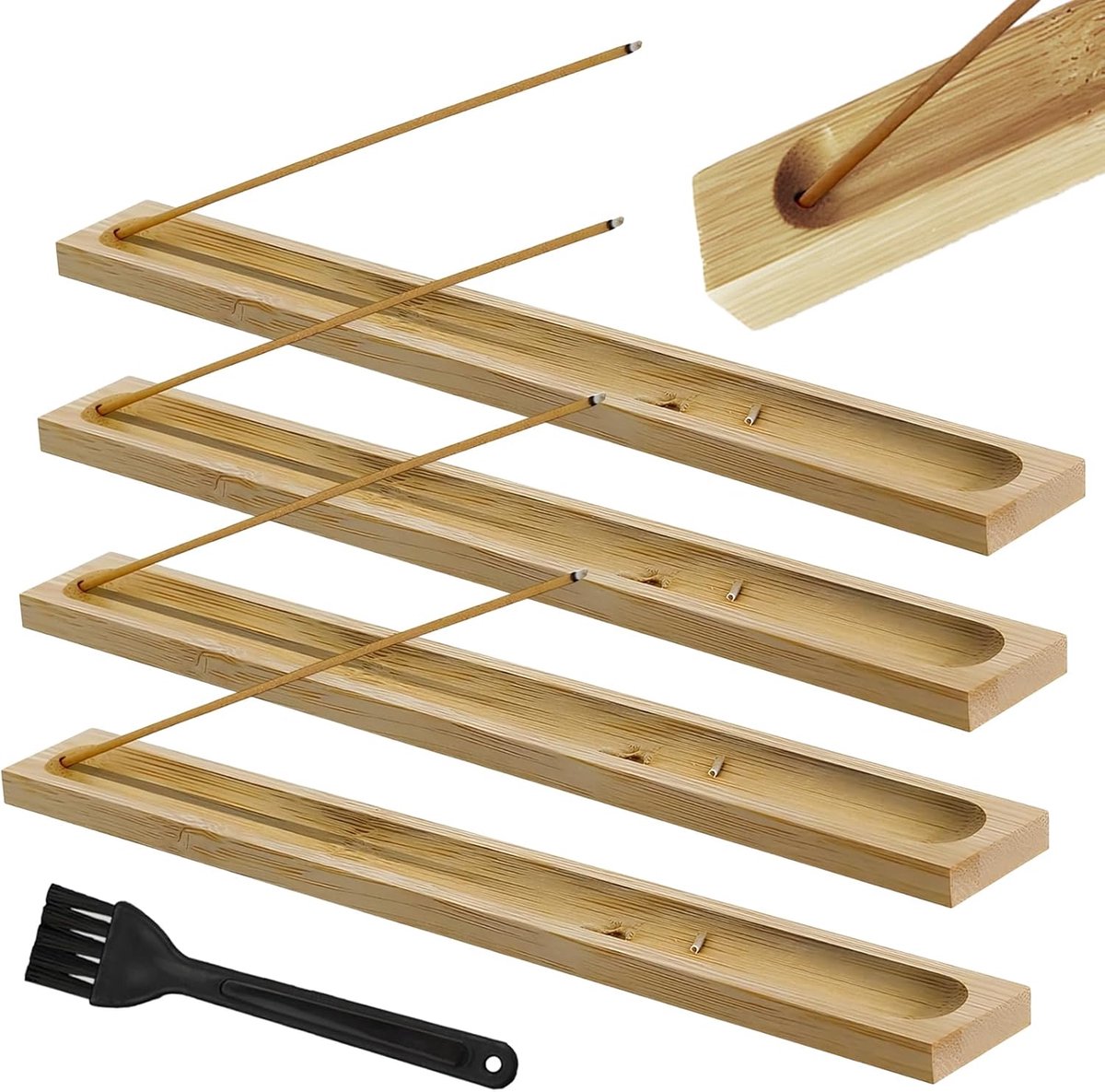 Incensestokhouder 4 Stuks - Bamboe - Praktisch met Reinigingsborstel - Voor Yoga en Meditatie - ShopVlot